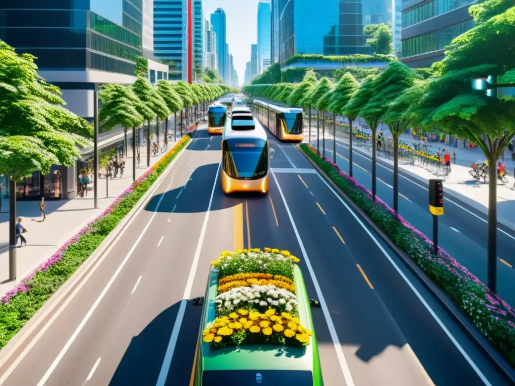 Escena urbana futurista con transporte ecofriendly y optimización de rutas