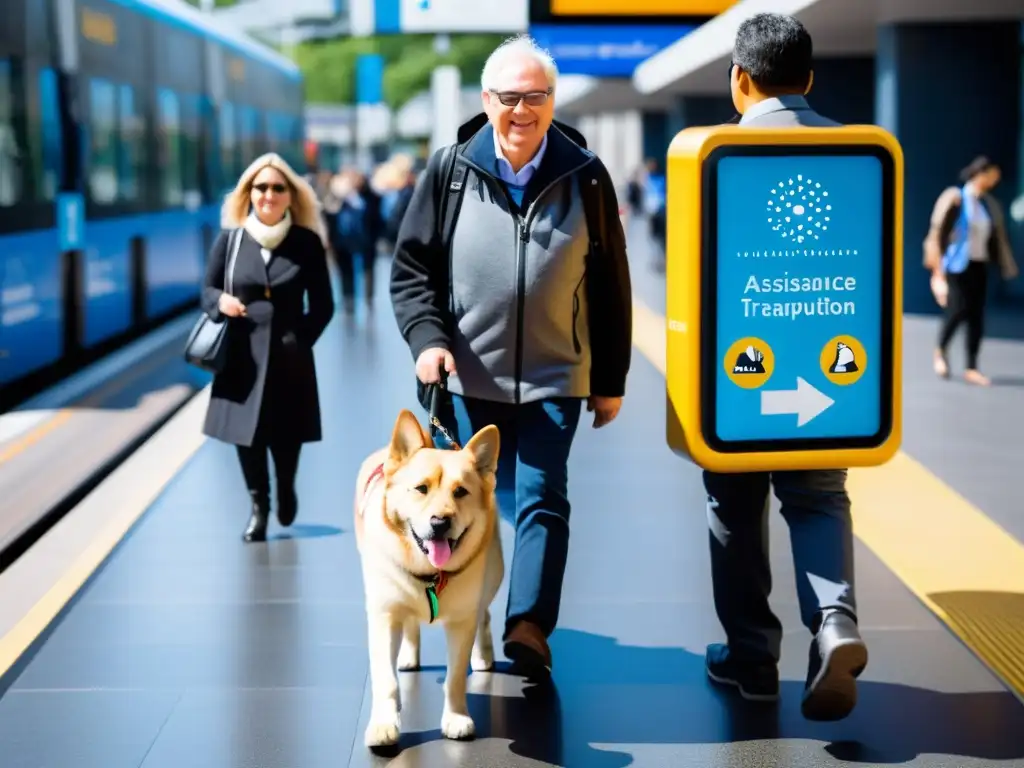 Una escena urbana inclusiva con personas ciegas utilizando avanzados sistemas de transporte inclusivos