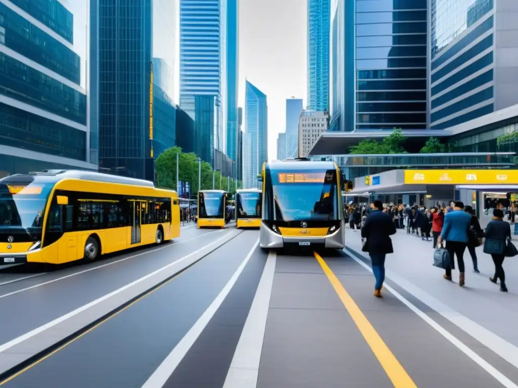 Escena urbana con moderno transporte público en la ciudad, destacando la eficiencia y accesibilidad