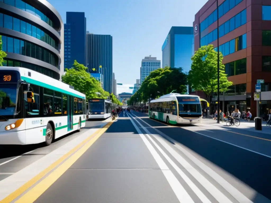 Escena urbana con movilidad universal en el transporte, incluyendo rampas y transporte accesible para todos