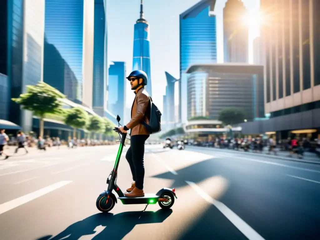 Escenas urbanas futuristas: Scooters eléctricos en acción Escena urbana con scooters eléctricos futuristas en medio del tráfico, rodeados de tecnología innovadora y diseño ecológico