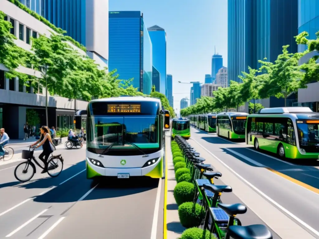 Escena urbana sostenible con autobuses y bicicletas eléctricas, paneles solares y estaciones de carga