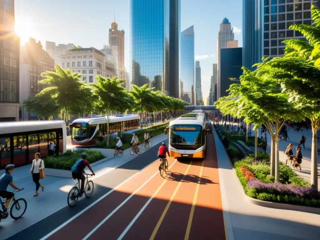 Escena urbana sostenible con transporte público, ciclistas y paneles solares en rascacielos