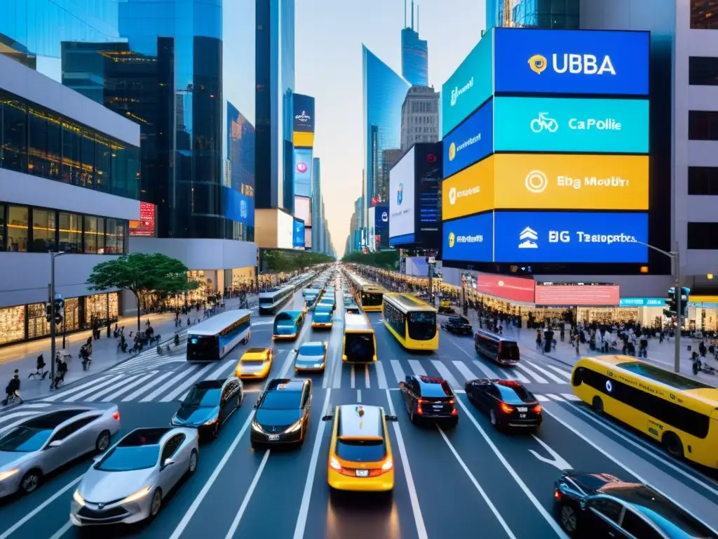 Escena urbana con tecnología big data movilidad urbana: flujo sincronizado de autos, buses, bicicletas y peatones, edificios con pantallas digitales y sensores