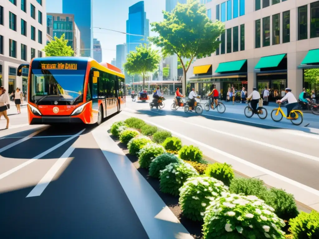 Escena urbana con transporte ecoamigable, bicicletas, autobuses eléctricos y peatones