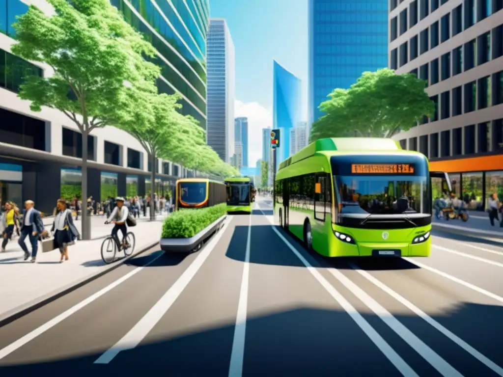 Escena urbana con transporte ecológico en ciudades: autobuses eléctricos, bicicletas y peatones, reflejando armonía y sostenibilidad