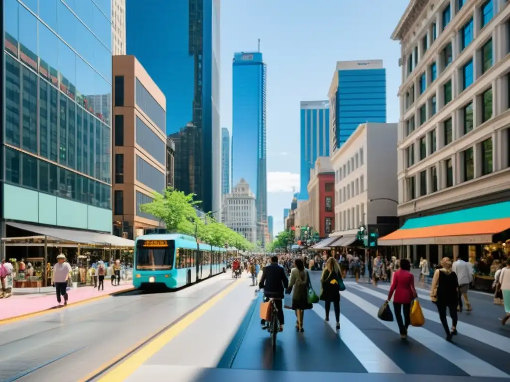 Escena urbana vibrante: Desarrollo del transporte y zonas comerciales en bulliciosa calle de la ciudad con diversidad de personas y edificios altos