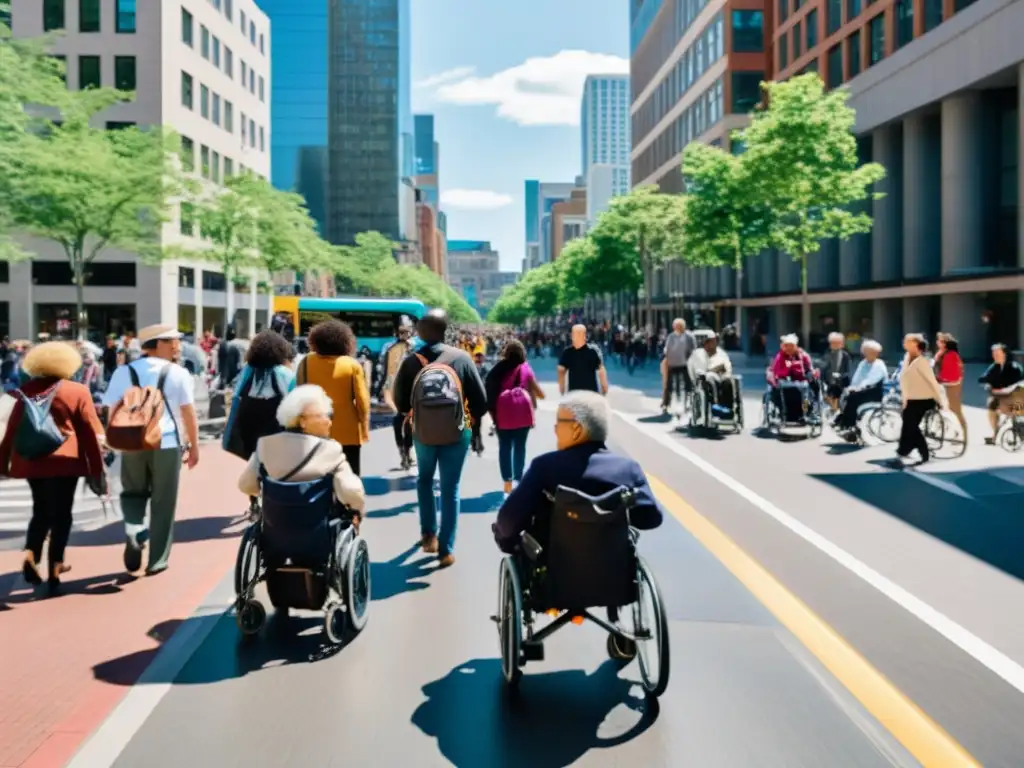 Escena urbana vibrante con diversidad de personas usando transporte público inclusivo