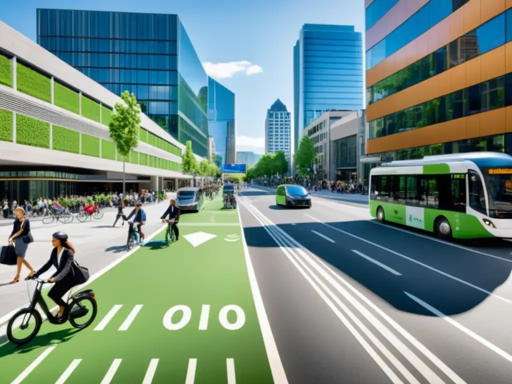 Escena urbana vibrante con movilidad urbana sostenible e integración multimodal: bicicletas, scooters, autobuses y peatones compartiendo el camino