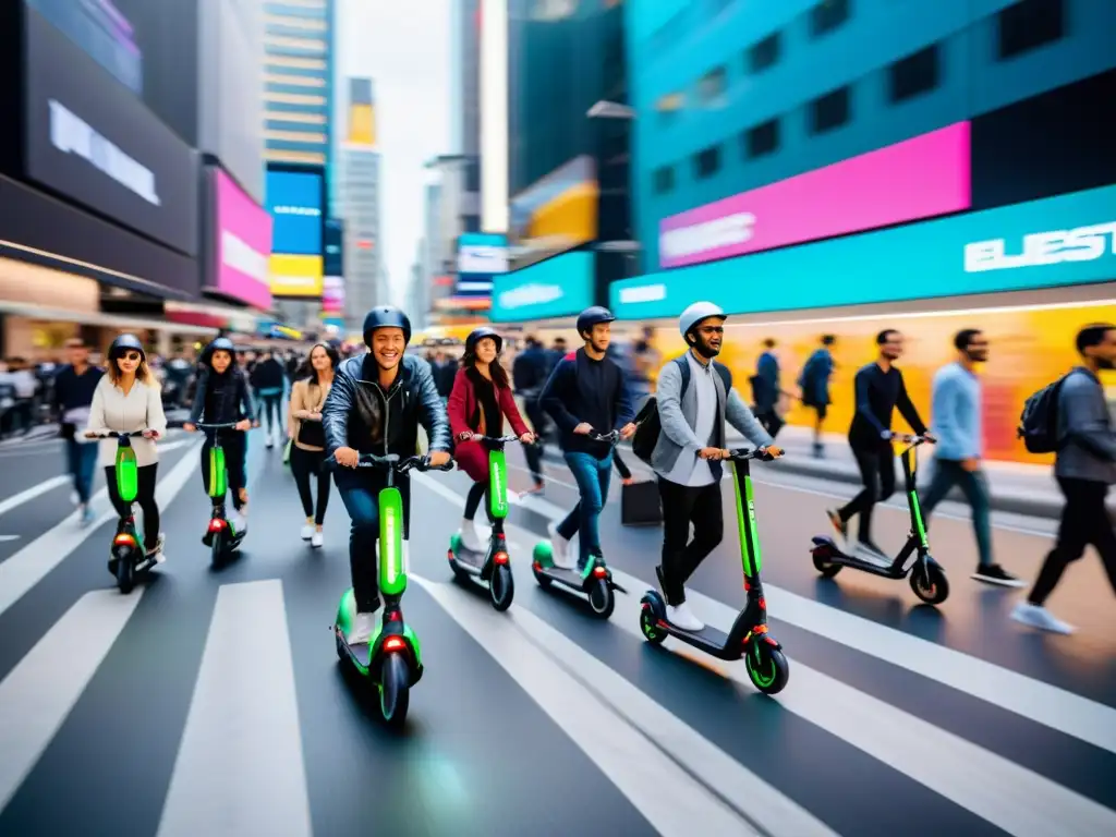 Escena urbana vibrante con evolución patinetes eléctricos transporte personal: personas en scooters y skateboards en una bulliciosa calle de la ciudad