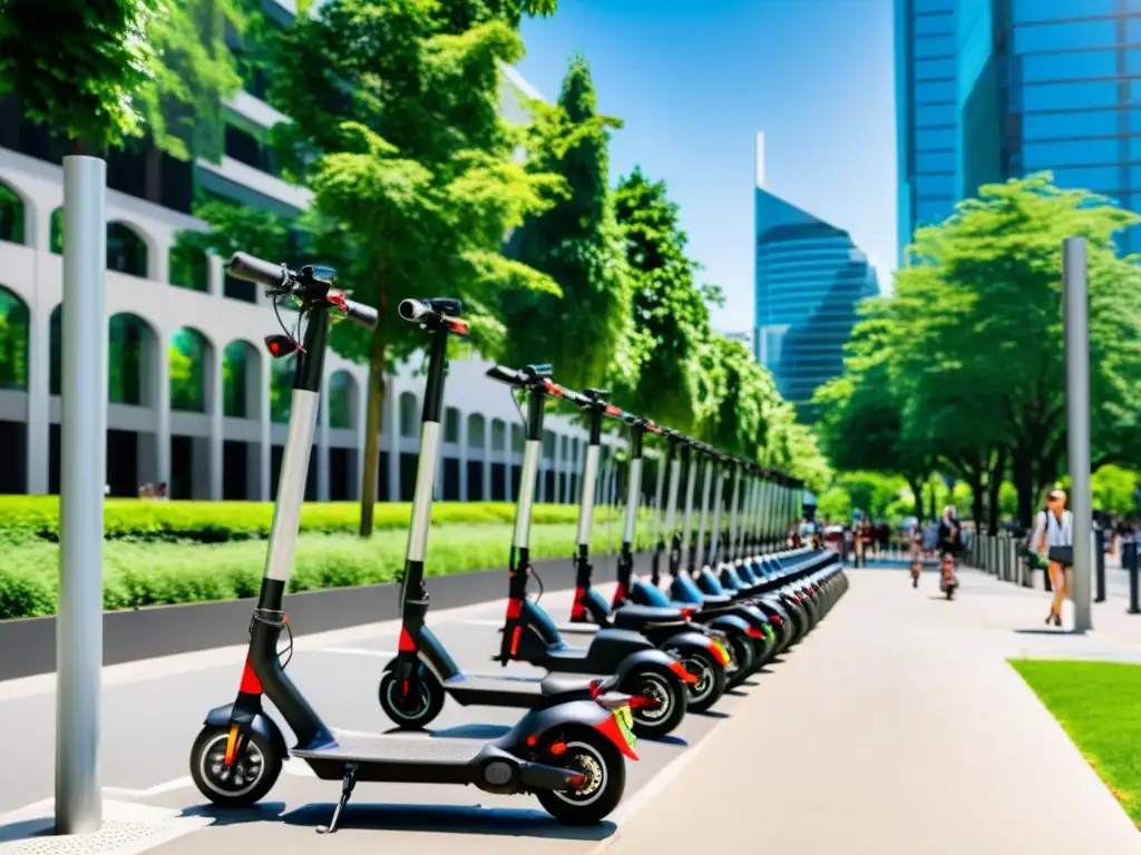 Escena urbana vibrante con scooters eléctricos plegables para movilidad urbana, rodeados de árboles verdes y edificios modernos, reflejando armonía sostenible y movilidad urbana