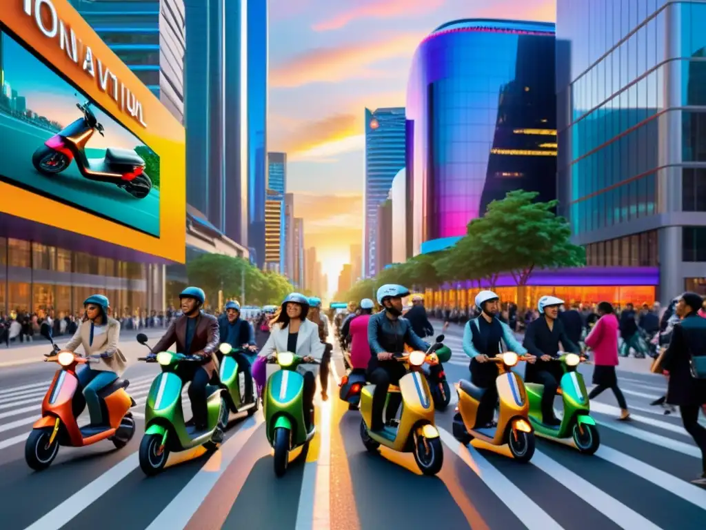 Escena urbana vibrante con scooters y bicicletas eléctricas, edificios modernos y un atardecer cálido