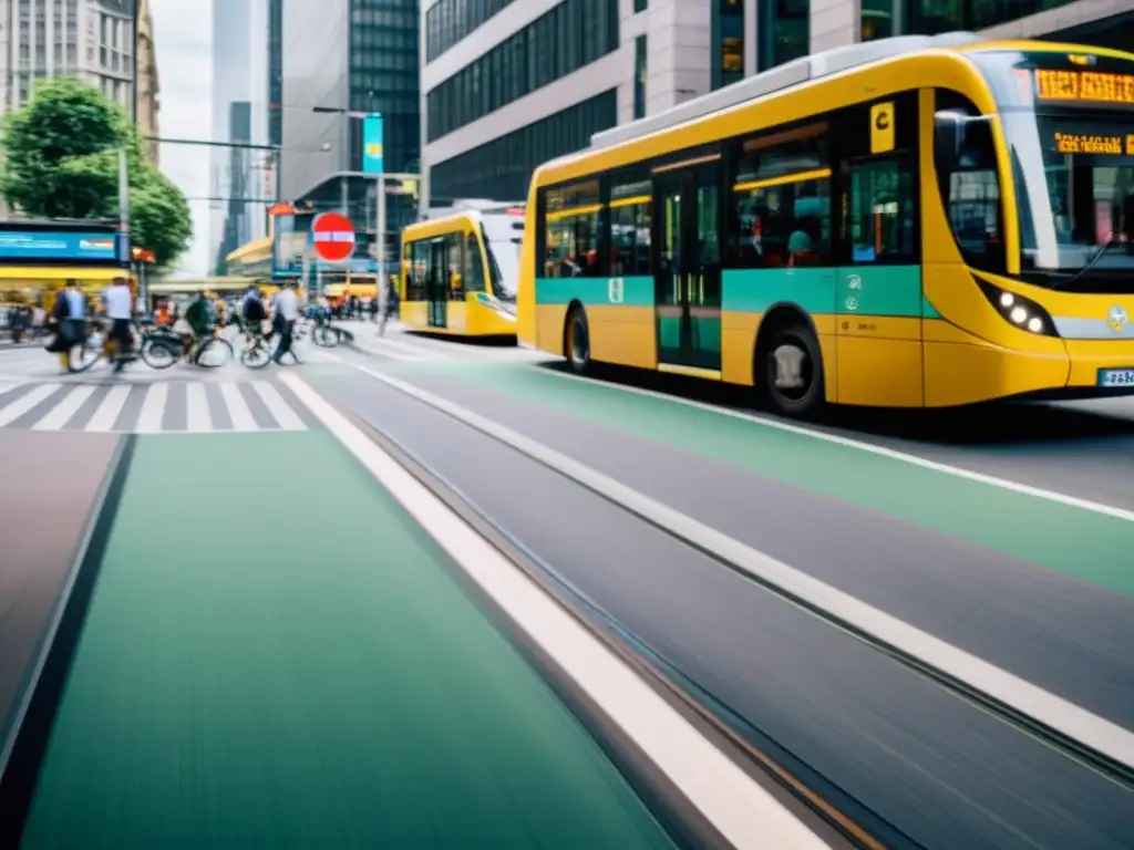 Una escena urbana vibrante y sostenible, con transporte público integrado y una energía dinámica