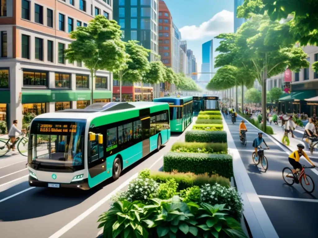 Escena urbana vibrante con transporte sostenible, ecoetiquetado y paisajes verdes