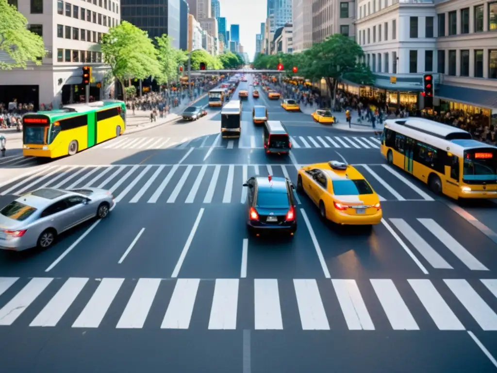 Un escenario de ciudad bulliciosa con transporte eficiente y coordinado, aplicaciones de la inteligencia de enjambre en transporte