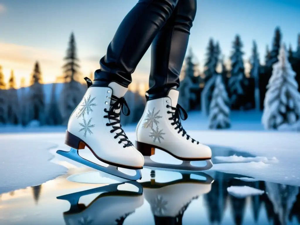 Patines de hielo danzando en un lago congelado Un escenario de patinaje sobre hielo mágico y sereno, con patines adornados con motivos de copos de nieve