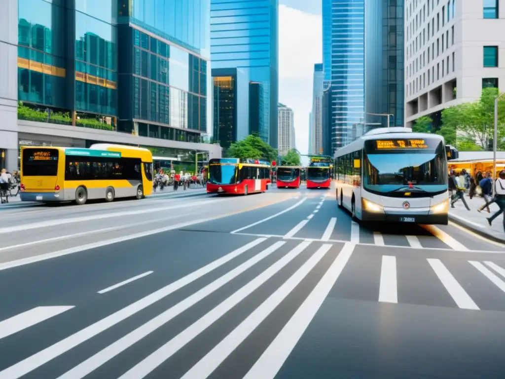 Un escenario urbano vibrante con eficiente diseño de transporte, mostrando la integración de diferentes modos de movilidad en la ciudad