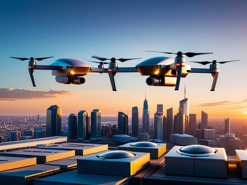 Un escuadrón de drones futuristas surca la ciudad al atardecer