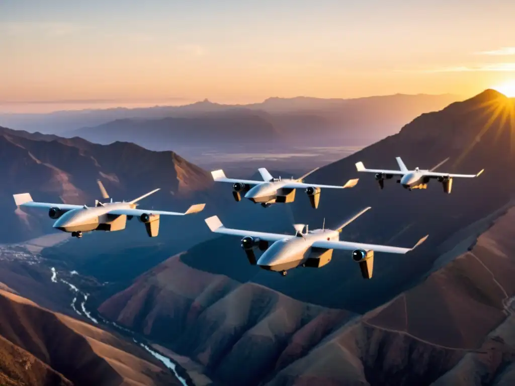 Escuadrón de drones militares surcando el cielo montañoso al atardecer, mostrando el impacto de los drones en estrategia militar