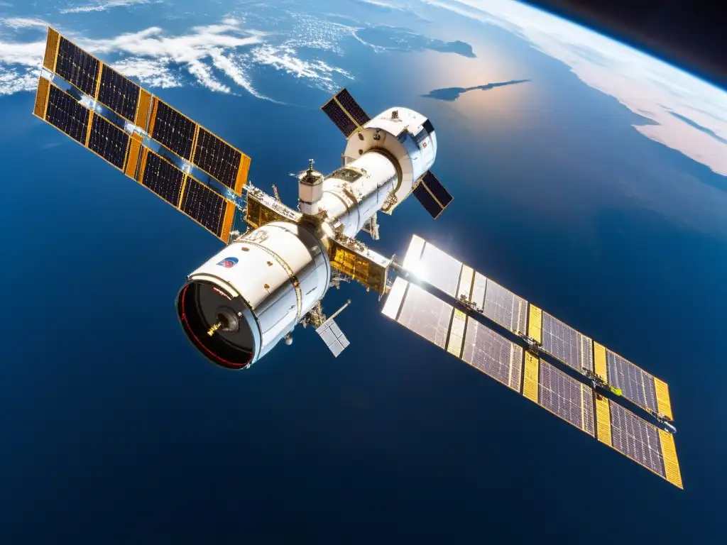 Estación espacial Tiangong: China conquista el espacio La estación espacial china Tiangong orbita la Tierra, resplandeciendo con la luz solar, detallando su contribución a la exploración espacial China