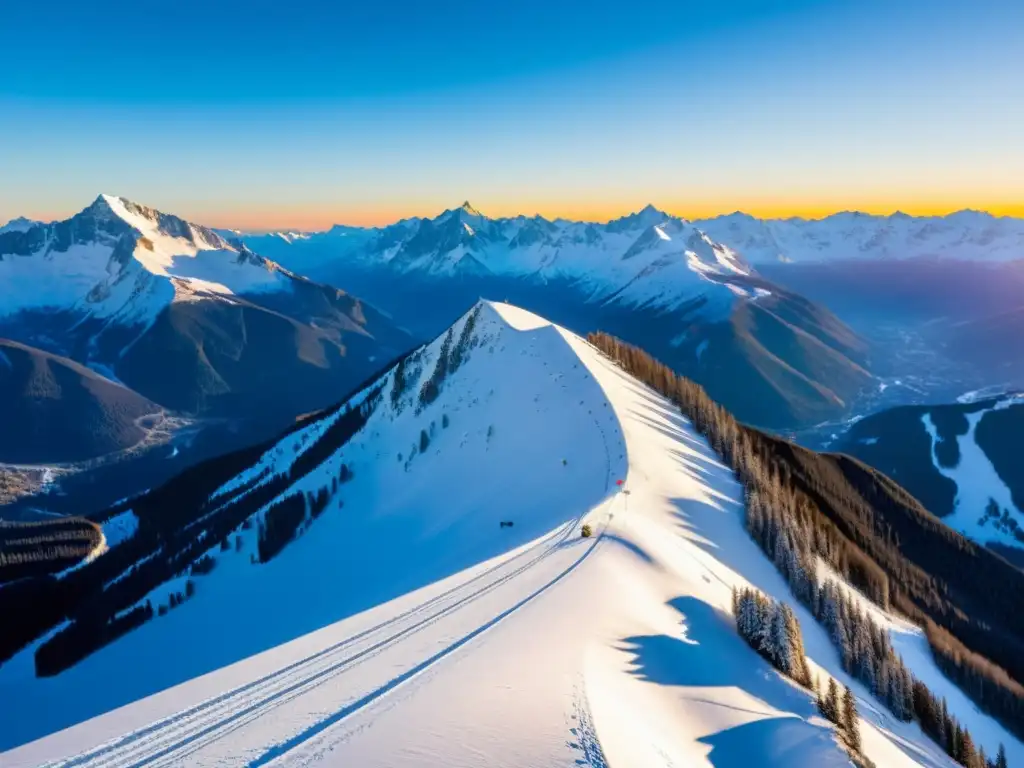 Espectacular paisaje de montañas nevadas con estaciones de esquí y transporte especializado, bañado por la cálida luz del sol