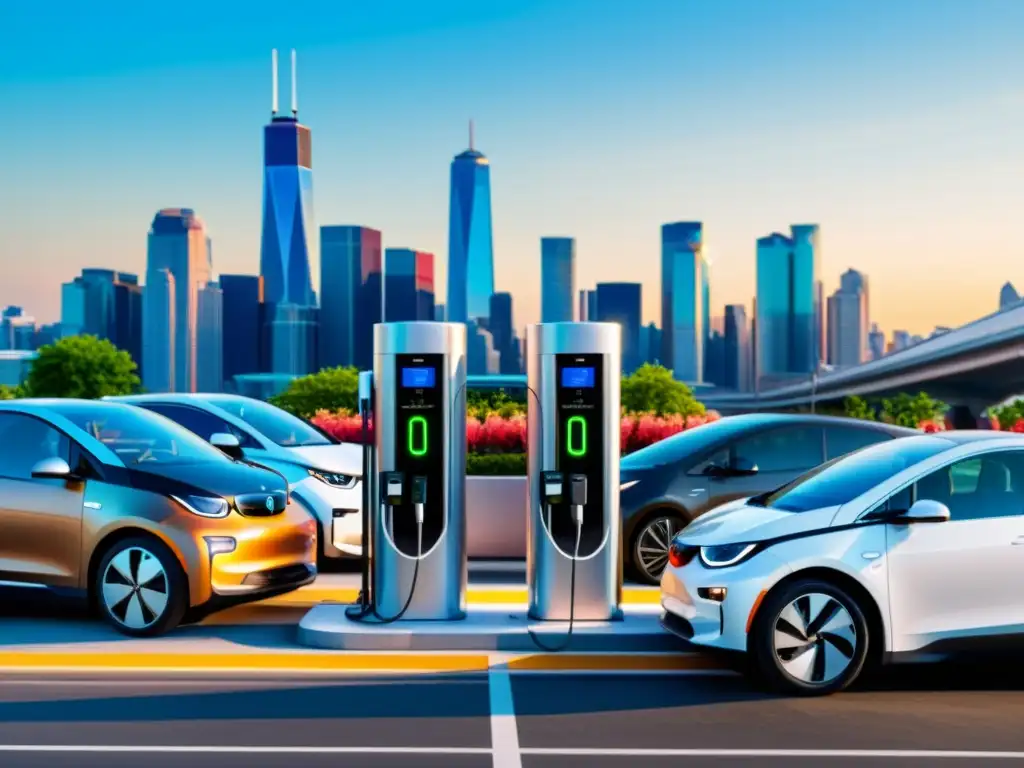 Una estación de carga de autos eléctricos en una ciudad bulliciosa