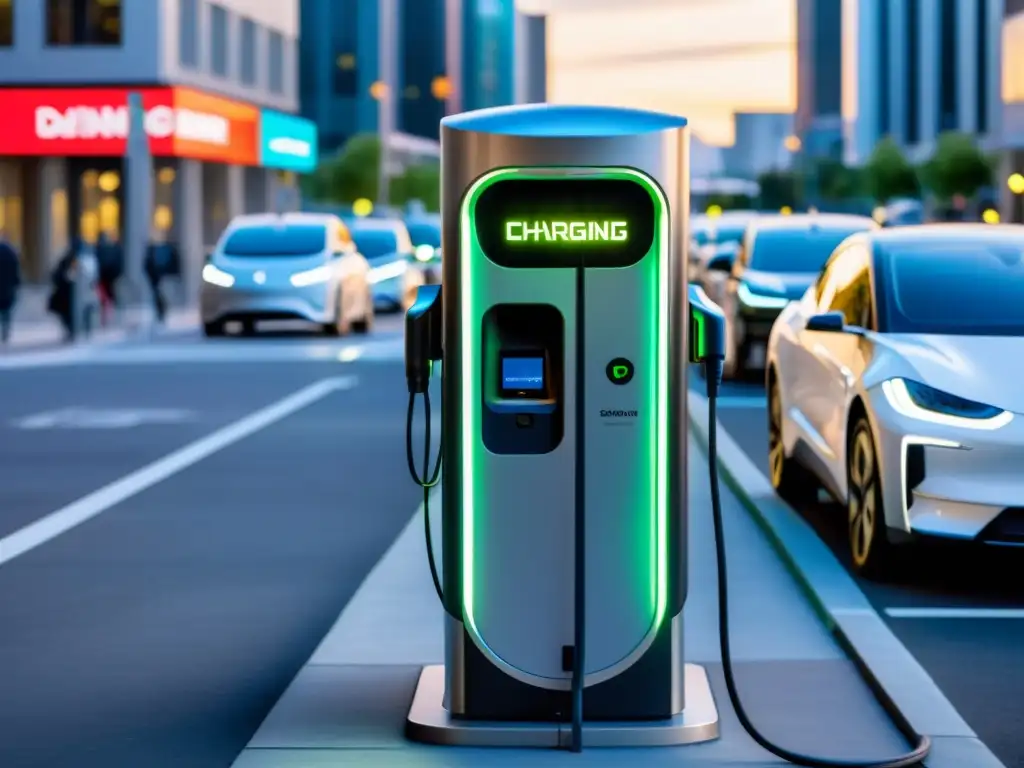 Una estación de carga rápida portátil en medio de la vida urbana, con vehículos eléctricos y personas activas en la ciudad