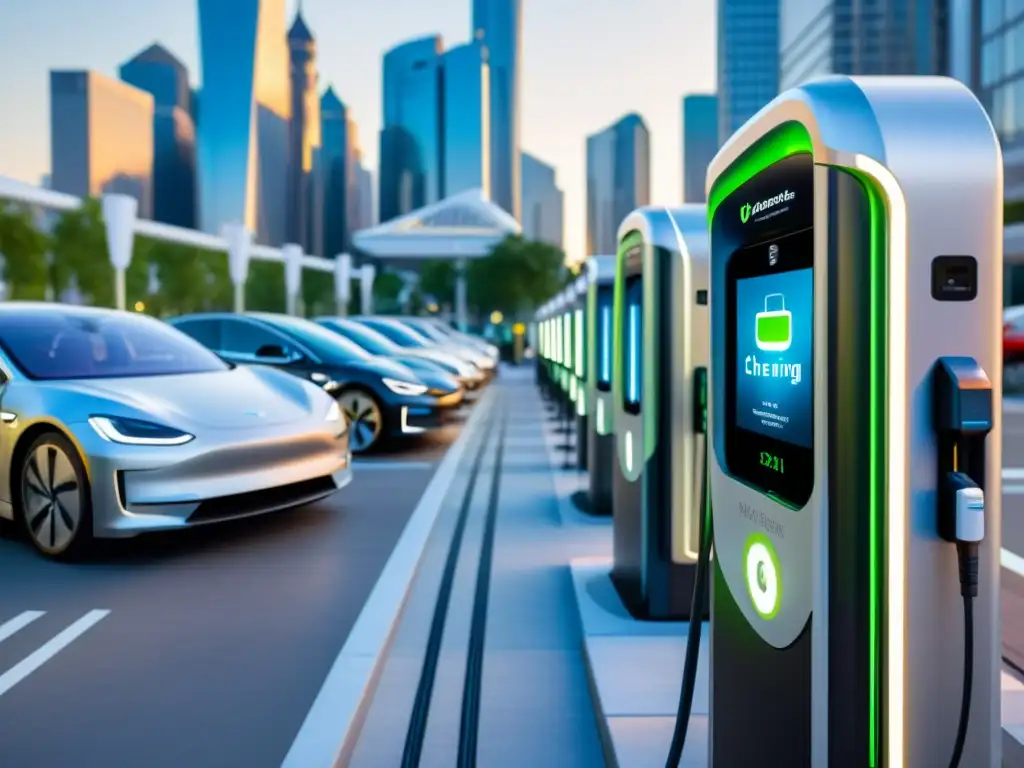 Una estación de carga ultramoderna para vehículos eléctricos, integrada en la vida urbana, reflejando avances en la velocidad de carga