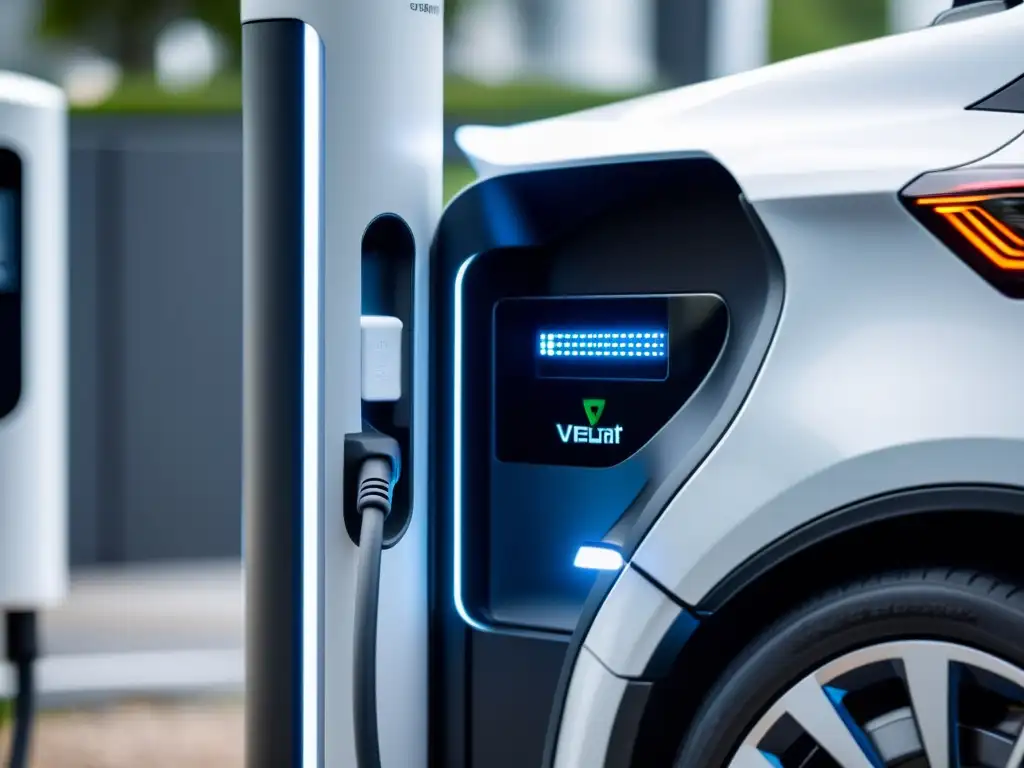 Una estación de carga para vehículo eléctrico de alta tecnología muestra avances en la velocidad de carga, con luces LED y diseño futurista