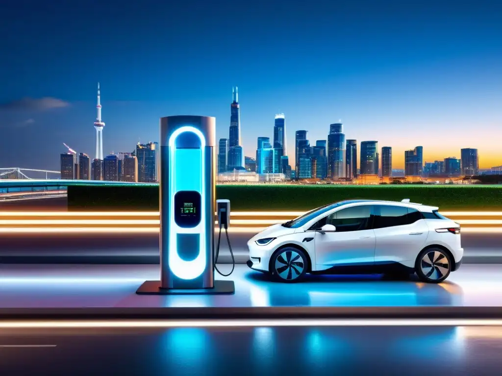 Una estación de carga para vehículos eléctricos en una ciudad tecnológica y moderna, integrando tecnologías para carga vehículos eléctricos