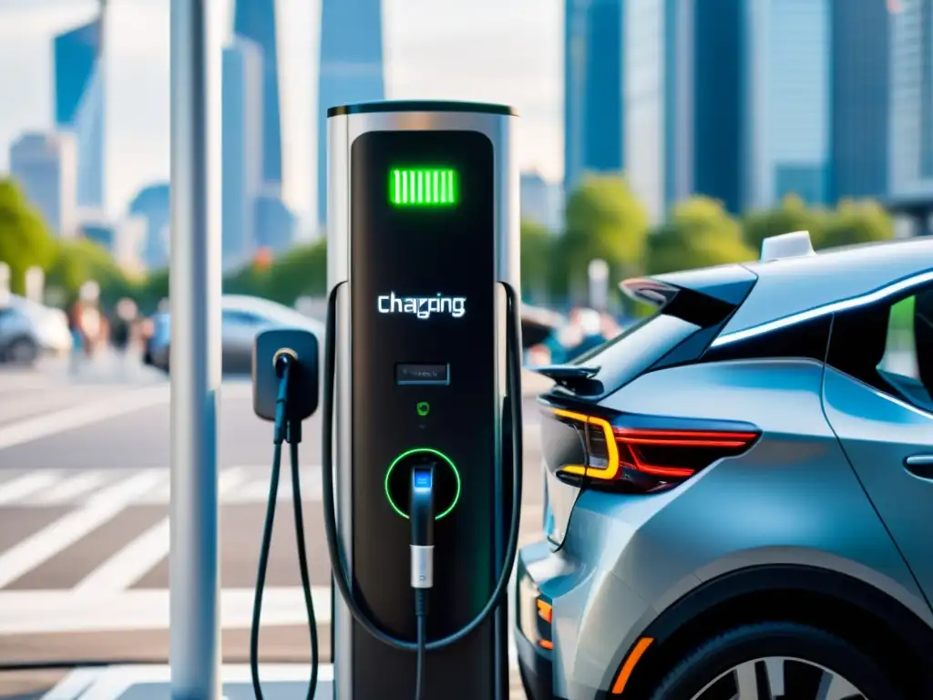 Una estación de carga de vehículos eléctricos moderna e integrada en la ciudad, muestra datos de consumo de energía en tiempo real