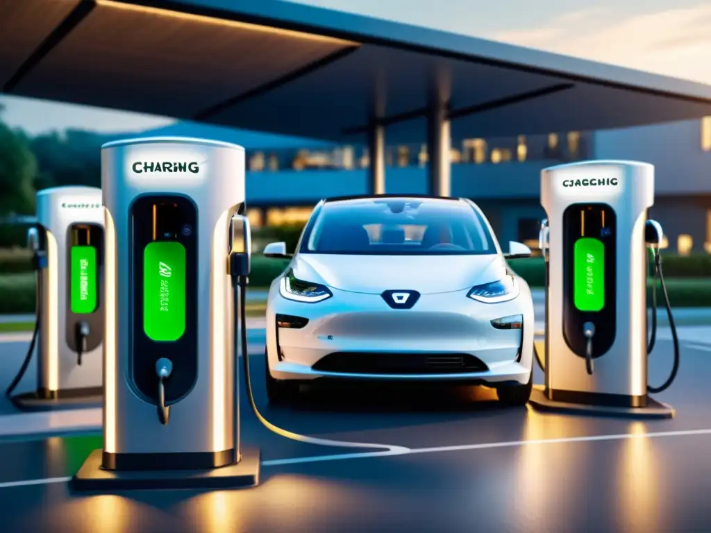 Una estación de carga de vehículos eléctricos bulliciosa y eficiente, con distintos vehículos siendo cargados y personas participando en el proceso