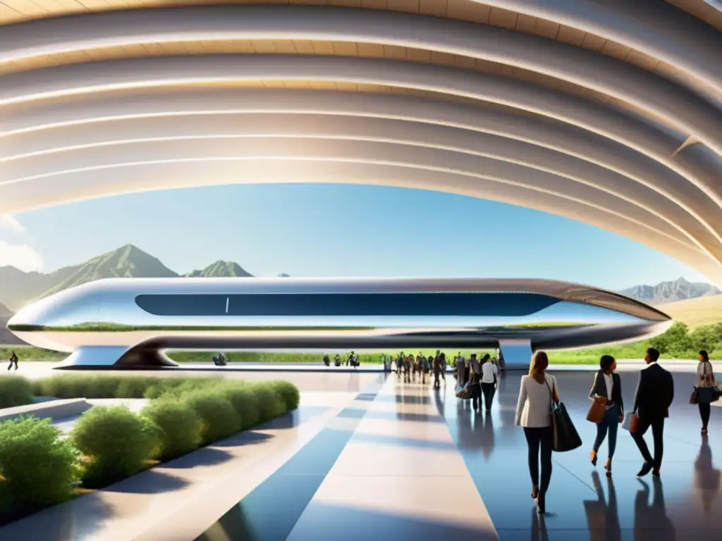 Una estación de Hyperloop futurista con un diseño metálico curvo, rodeada de naturaleza y tecnología