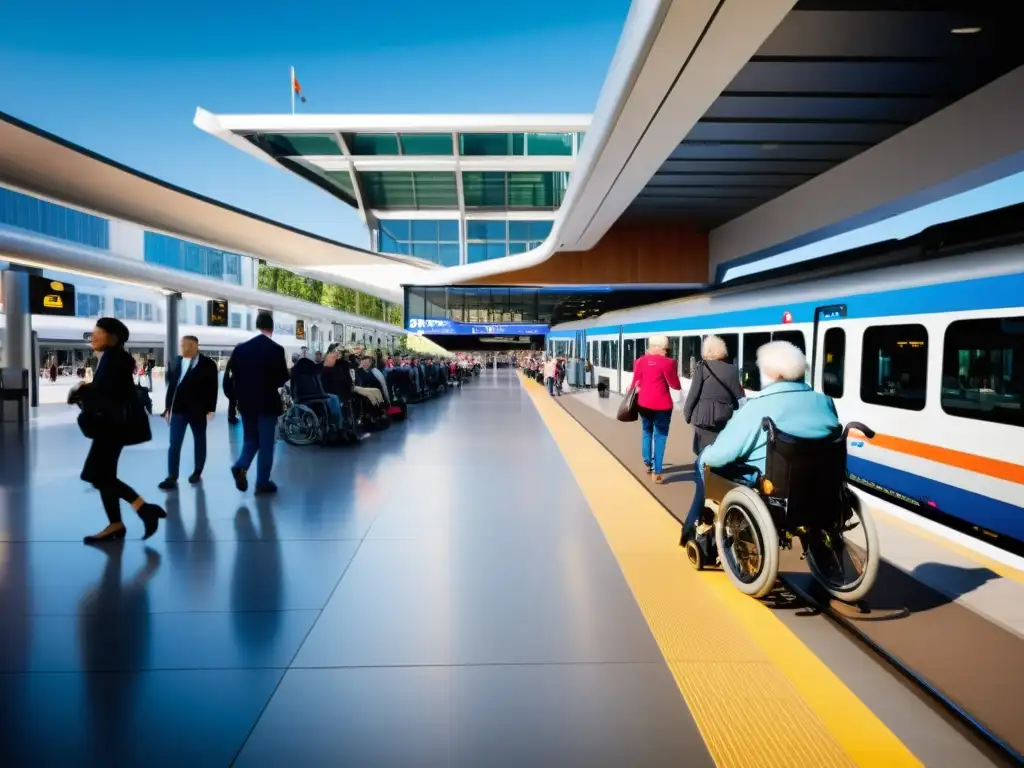 Una estación moderna de tren con rampa de accesibilidad universal, integrada al diseño y utilizada por personas de todas las edades y habilidades