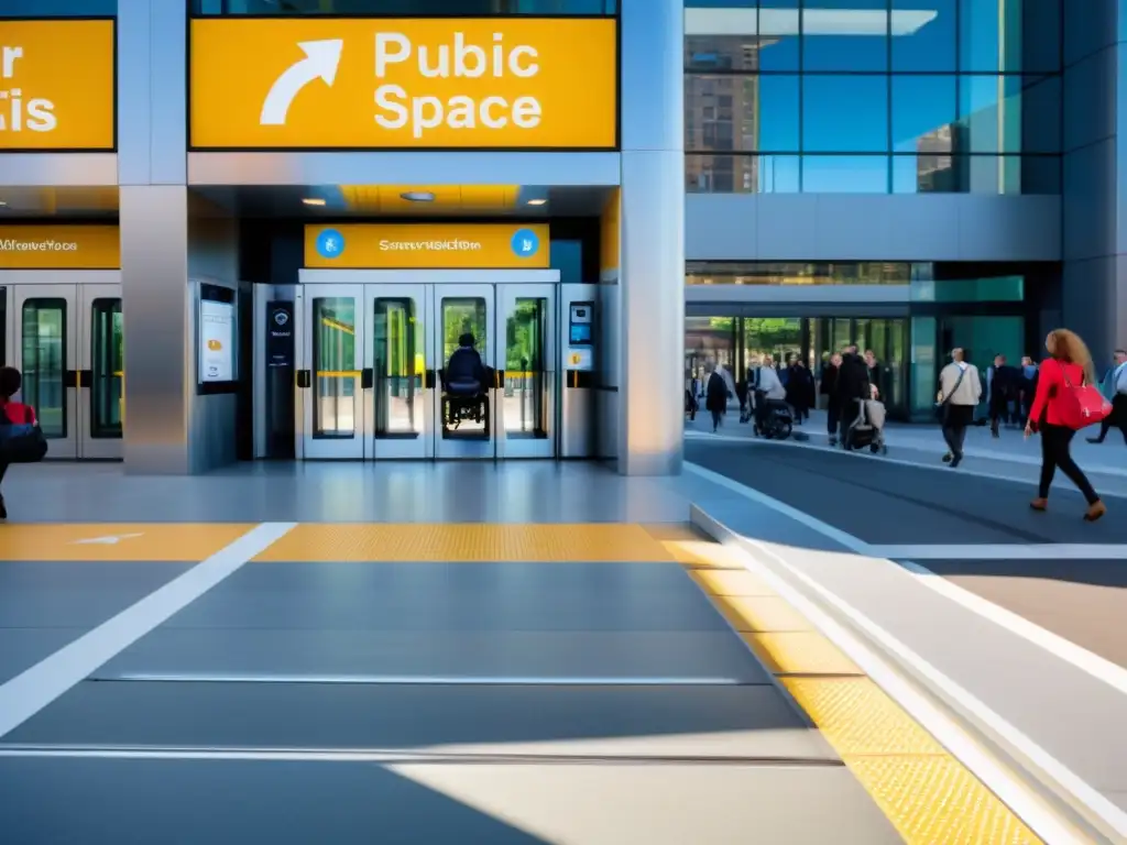 Una estación de transporte público moderna con rampa accesible y diseño inclusivo, reflejando la movilidad eficiente y rutas accesibles