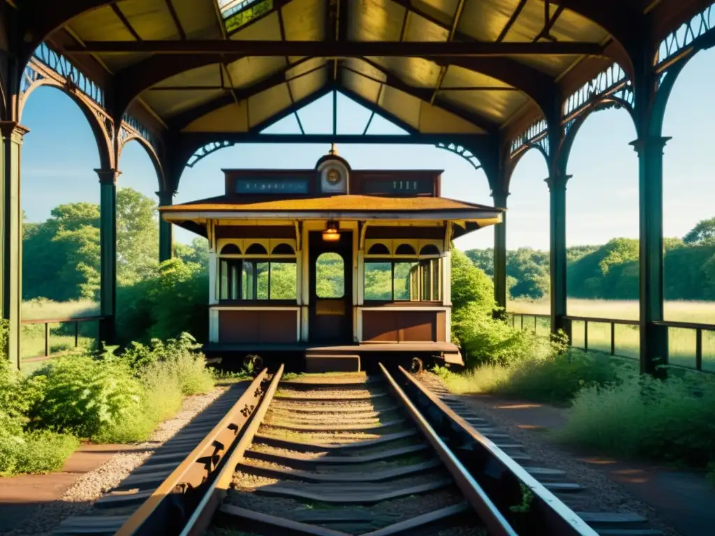 Una estación de tren abandonada con detalles oxidadas, vegetación creciendo y la luz filtrándose por las ventanas rotas