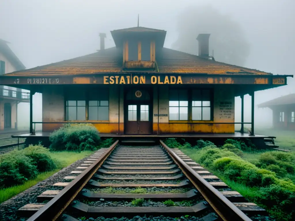 Una estación de tren abandonada envuelta en neblina densa, con vías oxidadas y un cartel solitario que lee 'Estación Olvidada'