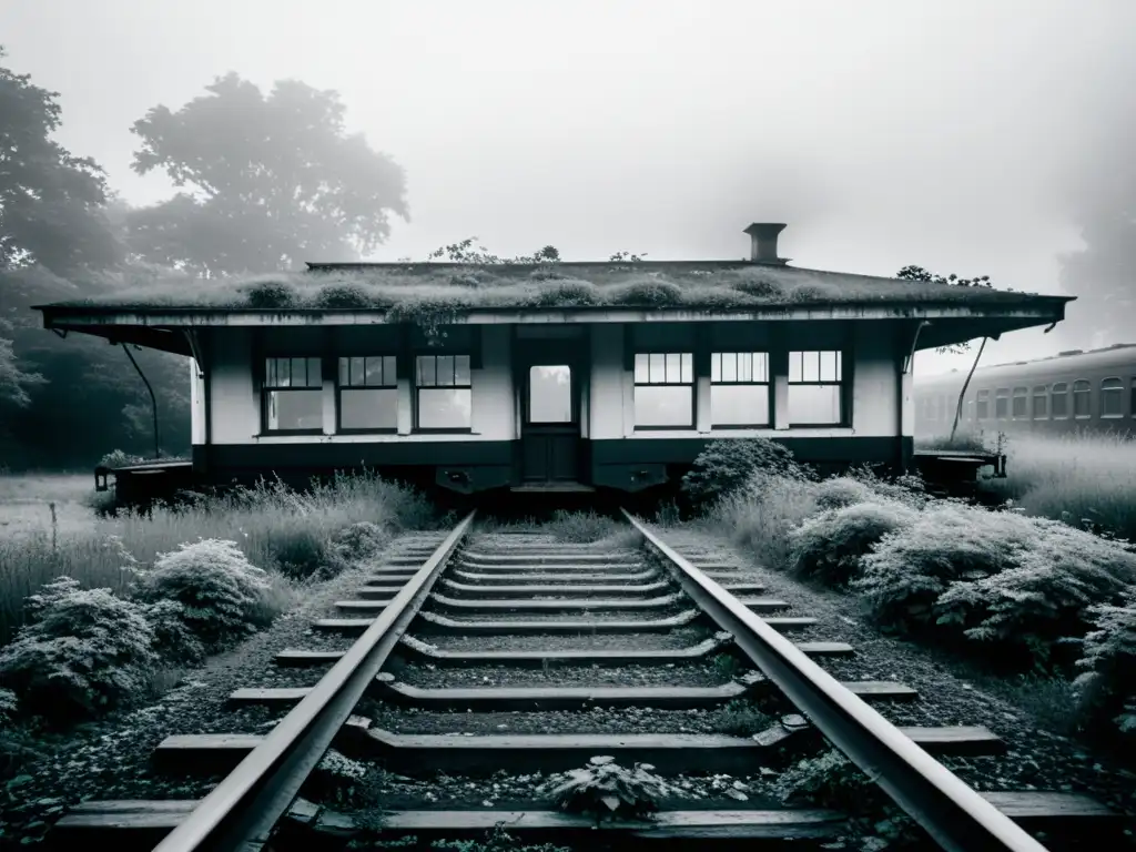 Una estación de tren abandonada con vagones fantasma y un ambiente evocador de estaciones olvidadas