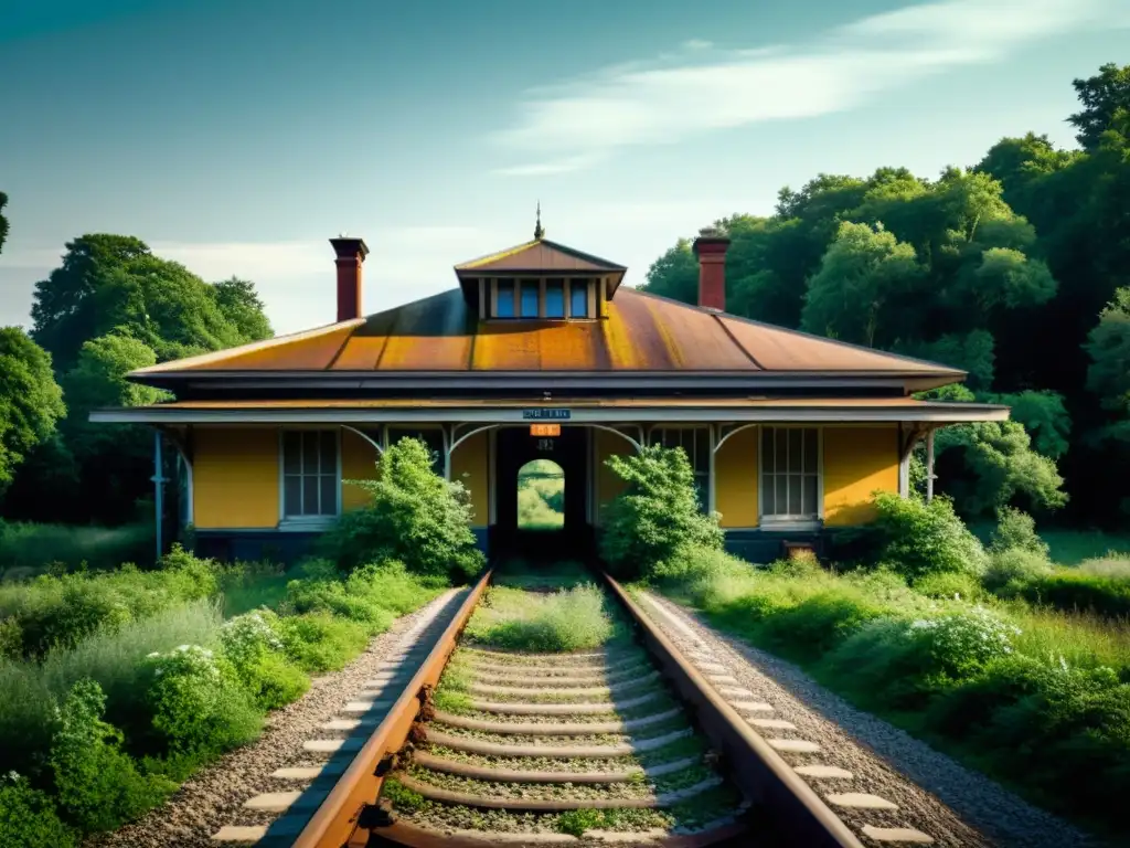 Una estación de tren abandonada con vías cubiertas de vegetación, evocando la historia y el potencial turístico de las rutas ferroviarias