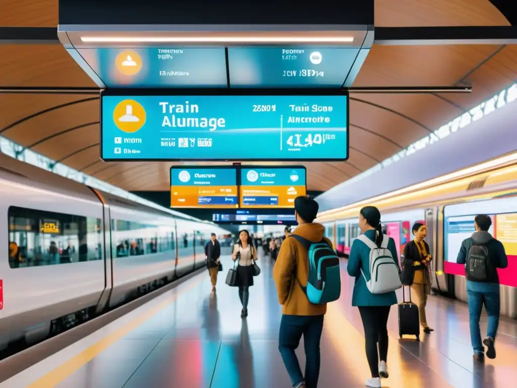 En una estación de tren abarrotada, la señalética de realidad aumentada guía a los viajeros mientras un tren futurista llega