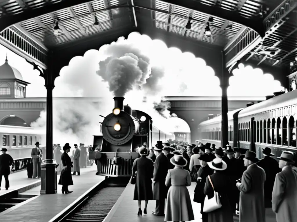 Una estación de tren bulliciosa de la era vintage, con una diversidad de personas ansiosas por abordar