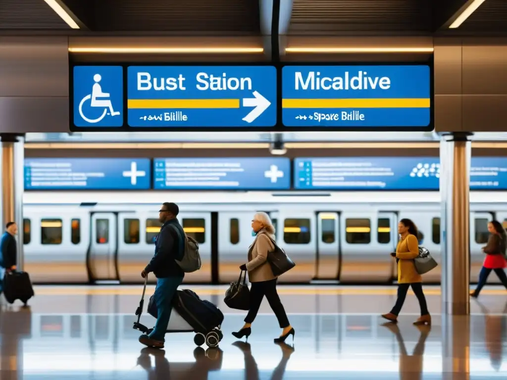 Una estación de tren bulliciosa con señalización inclusiva, pasajeros diversos, accesibilidad y mejoras en la comunicación del transporte público