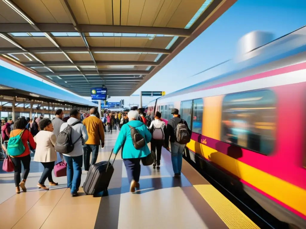 Una estación de tren bulliciosa llena de viajeros diversos, incluyendo personas con discapacidad, listos para eventos accesibles por tren