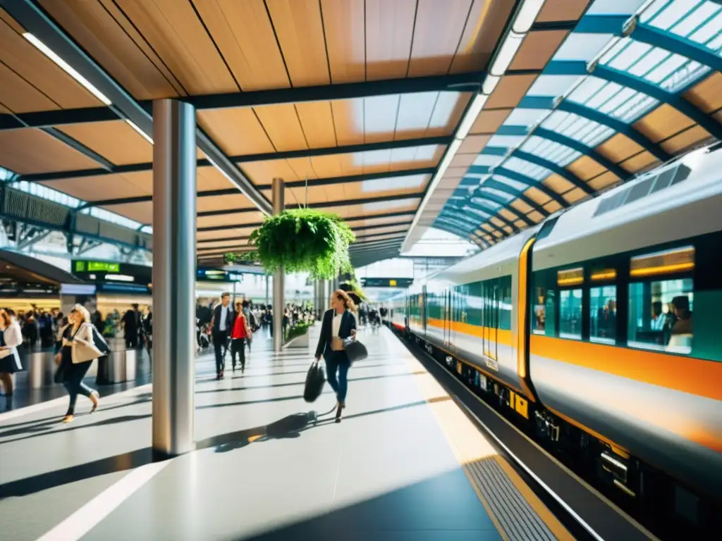 Una estación de tren bulliciosa con diseño sostenible, iluminación natural y multitud diversa