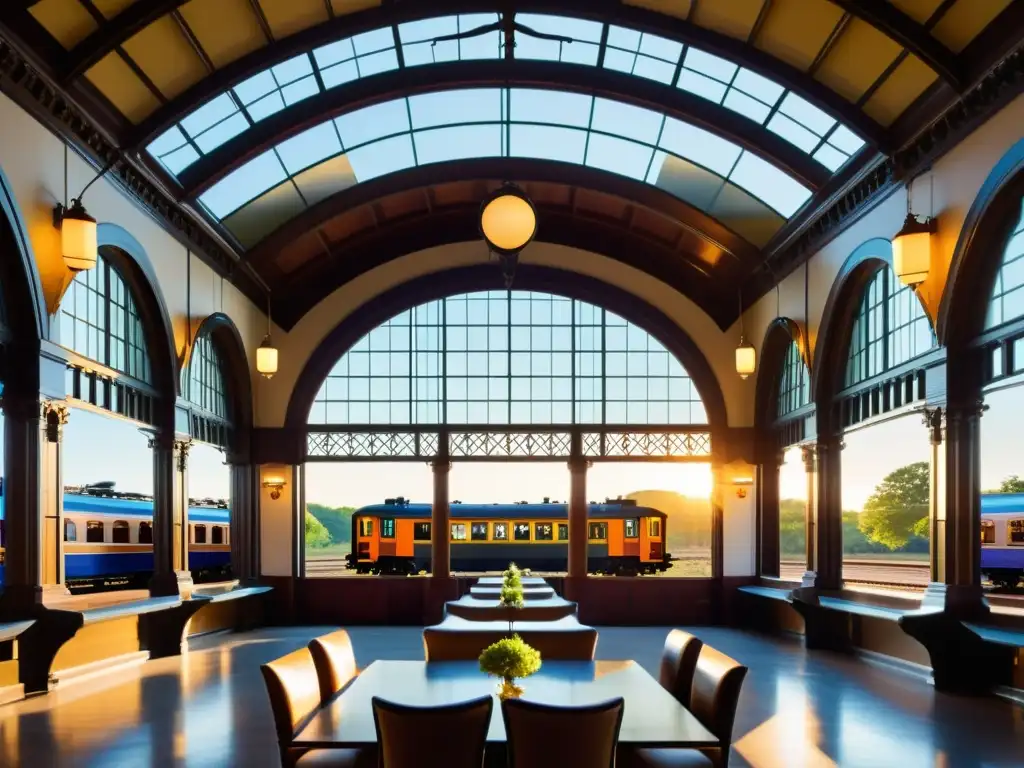 Una estación de tren convertida en hotel de lujo, con detalles arquitectónicos originales, plataformas al aire libre y antiguos trenes en exhibición