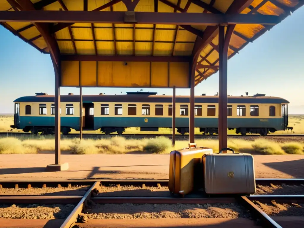 Una estación de tren en África con encanto rústico, vías oxidadas y equipaje vintage en la plataforma