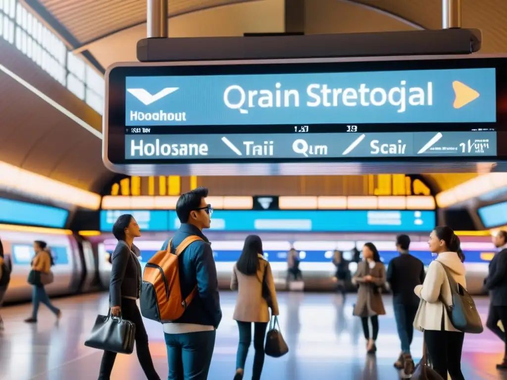 En una estación de tren llena de pasajeros, la realidad aumentada transforma la señalética de transporte en un ambiente futurista y vibrante