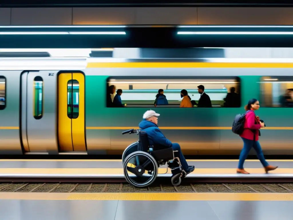 Una estación de tren moderna y accesible con pasajeros diversos abordando un tren inclusivo