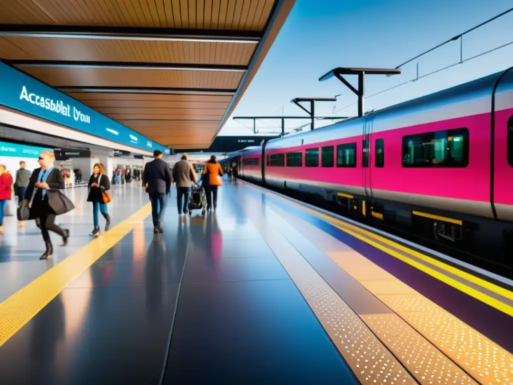 Una estación de tren moderna y accesible llena de pasajeros diversos, simbolizando avances en accesibilidad en trenes