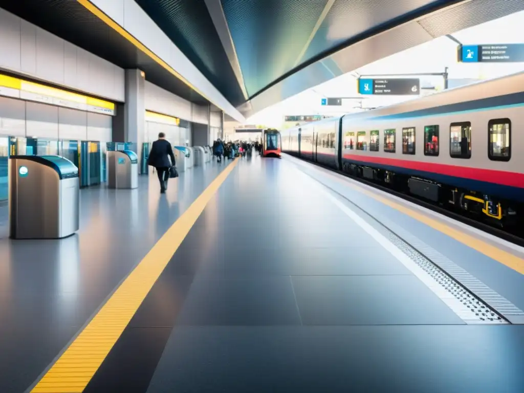 Una estación de tren moderna y espaciosa con medidas de accesibilidad integradas, donde las personas navegan cómodamente